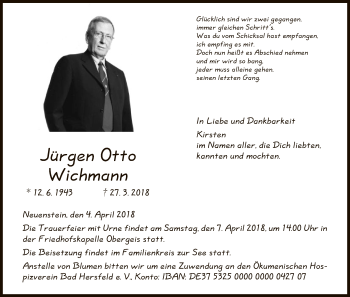 Traueranzeige von Jürgen Otto Wichmann von Hersfeld