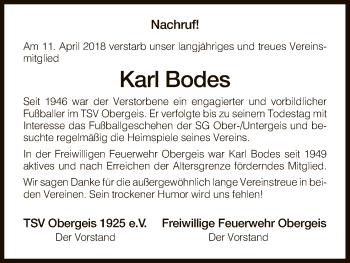 Traueranzeige von Karl Bodes von Hersfeld