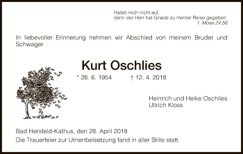 Traueranzeige von Kurt Oschlies von Hersfeld