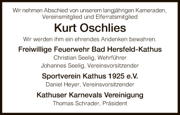 Traueranzeige von Kurt Oschlies von Hersfeld