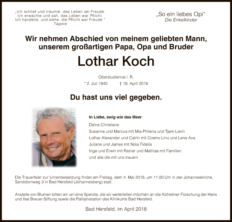  Traueranzeige für Lothar Koch vom 28.04.2018 aus Hersfeld