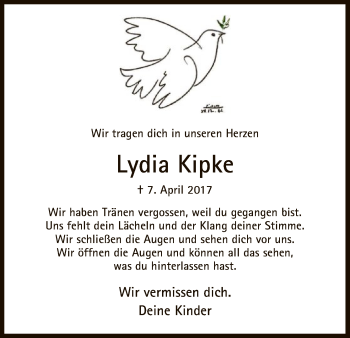 Traueranzeige von Lydia Kipke von Hersfeld