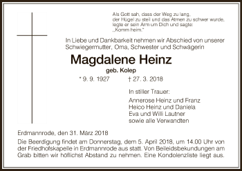 Traueranzeige von Magdalene Heinz von Hersfeld