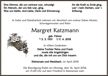 Traueranzeige von Margret Katzmann von Hersfeld