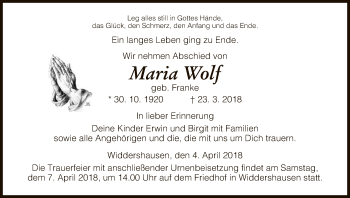 Traueranzeige von Maria Wolf von Hersfeld