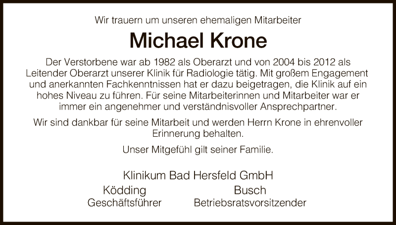  Traueranzeige für Michael Krone vom 17.04.2018 aus Hersfeld