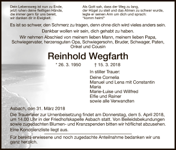 Traueranzeige von Reinhold Wegfarth von Hersfeld