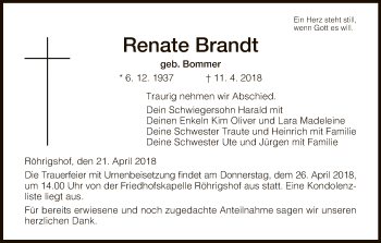 Traueranzeige von Renate Brandt von Hersfeld