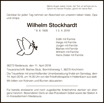Traueranzeige von Wilhelm Stockhardt von Hersfeld
