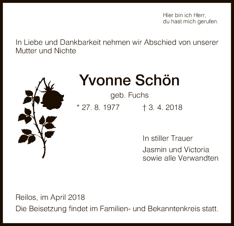  Traueranzeige für Yvonne Schön vom 27.04.2018 aus Hersfeld
