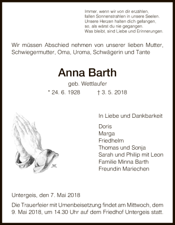 Traueranzeige von Anna Barth von Hersfeld