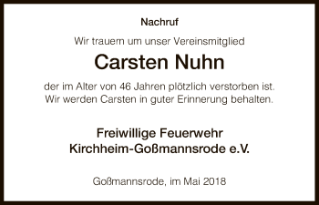 Traueranzeige von Carsten Nuhn von Hersfeld