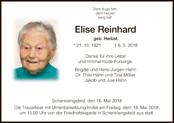 Traueranzeige von Elise Reinhard von Hersfeld