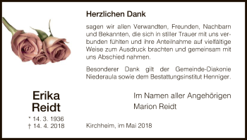 Traueranzeige von Erika Reidt von Hersfeld