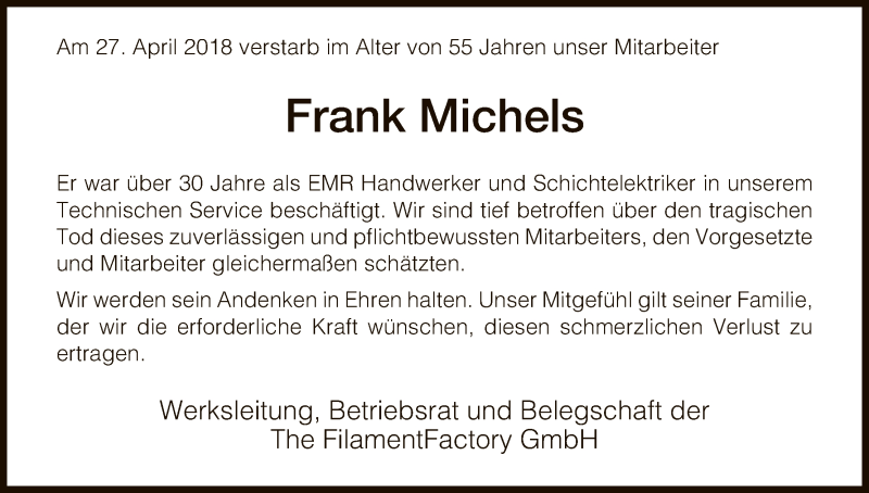  Traueranzeige für Frank Michels vom 09.05.2018 aus Hersfeld