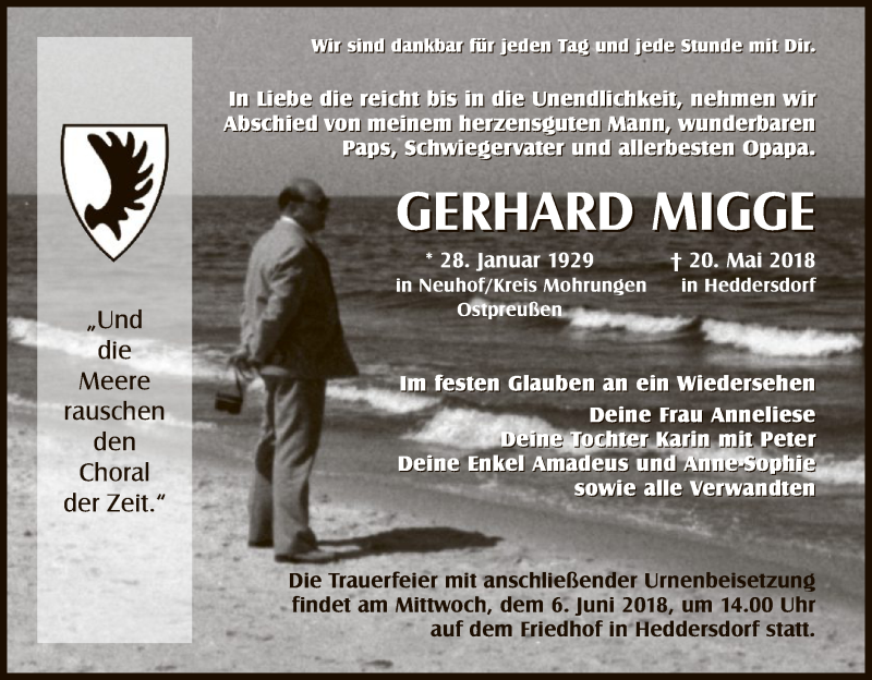  Traueranzeige für Gerhard Migge vom 26.05.2018 aus Hersfeld