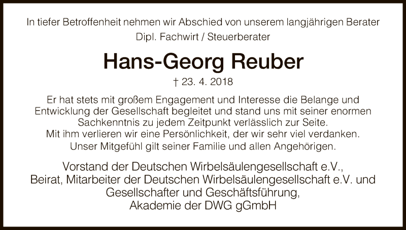  Traueranzeige für Hans-Georg Reuber vom 09.05.2018 aus Hersfeld