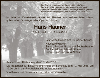 Traueranzeige von Hans Hauner von Hersfeld