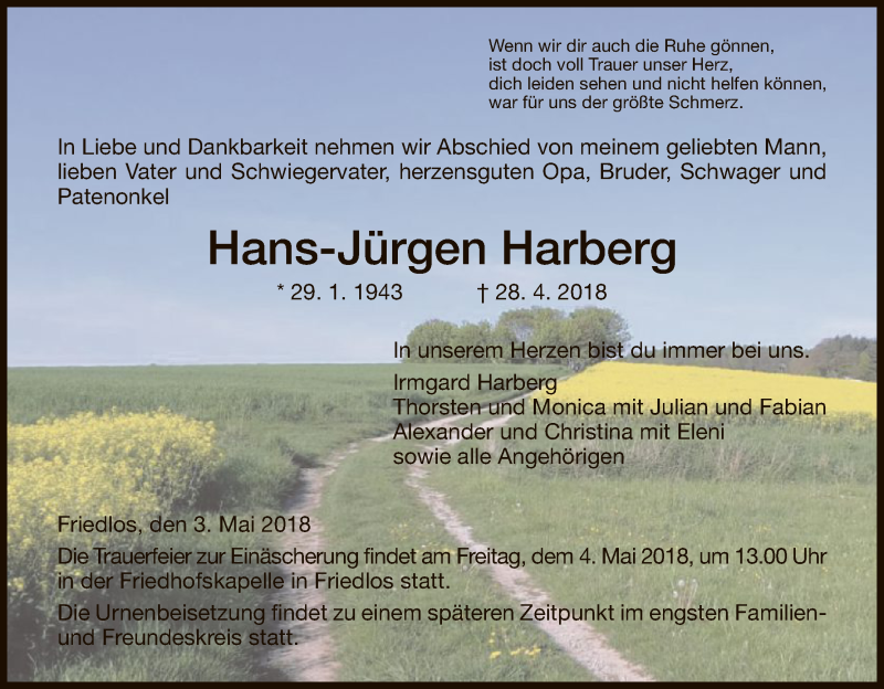  Traueranzeige für Hans-Jürgen Harberg vom 03.05.2018 aus Hersfeld