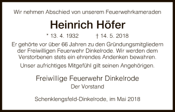 Traueranzeige von Heinrich Höfer von Hersfeld