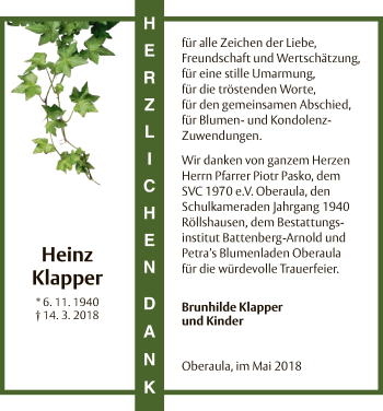 Traueranzeige von Heinz Klapper von Hersfeld