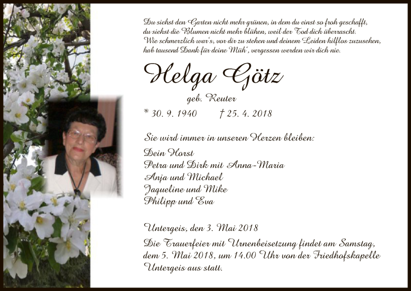  Traueranzeige für Helga Götz vom 03.05.2018 aus Hersfeld