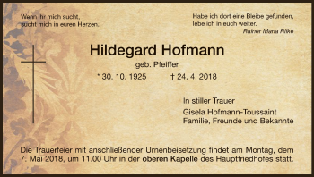 Traueranzeige von Hildegard Hofmann von Hersfeld