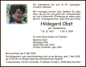 Traueranzeige von Hildegard Obst von Hersfeld