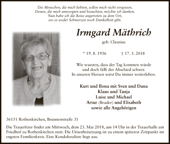 Traueranzeige von Irmgard Mäthrich von Hersfeld