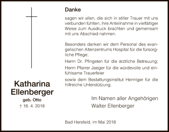 Traueranzeige von Katharina Ellenberger von Hersfeld