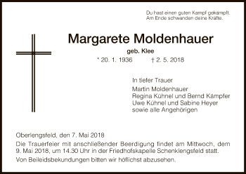 Traueranzeige von Margarete Moldenhauer von Hersfeld