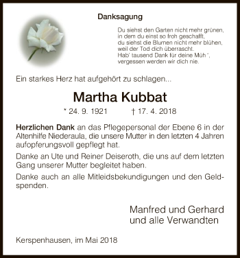 Traueranzeige von Martha Kubbat von Hersfeld