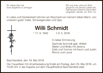 Traueranzeige von Willi Schmidt von Hersfeld