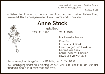 Traueranzeige von Änne Stock von Hersfeld