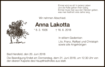 Traueranzeige von Anna Lakotta von Hersfeld