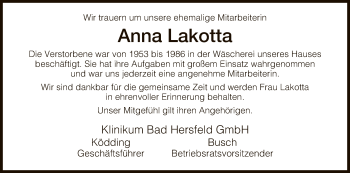 Traueranzeige von Anna Lakotta von Hersfeld