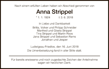 Traueranzeige von Anna Strippel von Hersfeld