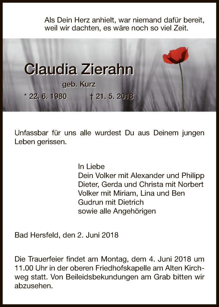  Traueranzeige für Claudia Zierahn vom 02.06.2018 aus Hersfeld
