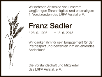 Traueranzeige von Franz Sadler von Hersfeld