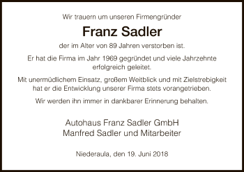 Traueranzeige von Franz Sadler von Hersfeld