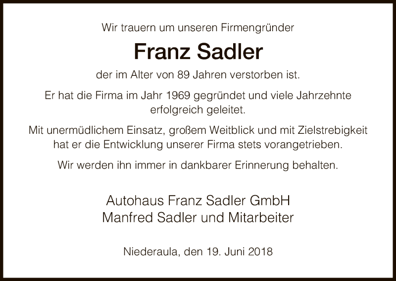 Traueranzeige für Franz Sadler vom 19.06.2018 aus Hersfeld