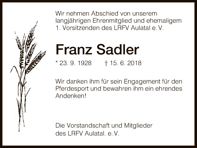  Traueranzeige für Franz Sadler vom 19.06.2018 aus Hersfeld