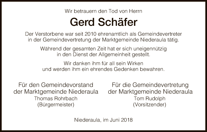  Traueranzeige für Gerd Schäfer vom 16.06.2018 aus Hersfeld