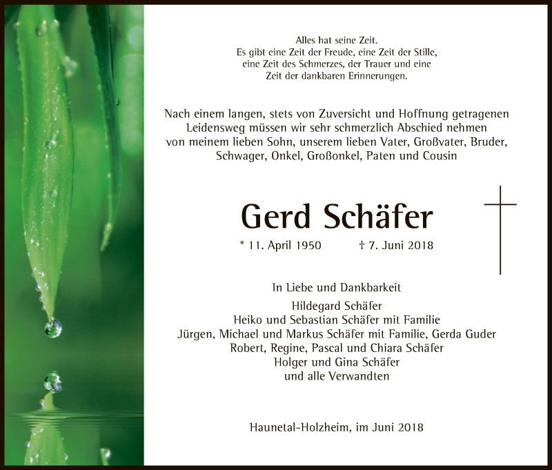  Traueranzeige für Gerd Schäfer vom 09.06.2018 aus Hersfeld
