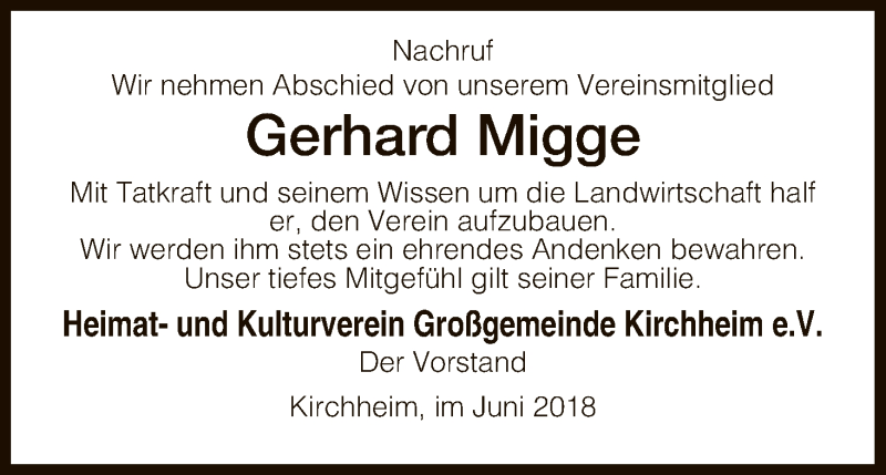  Traueranzeige für Gerhard Migge vom 02.06.2018 aus Hersfeld