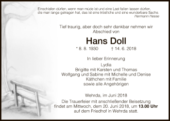 Traueranzeige von Hans Doll von Hersfeld