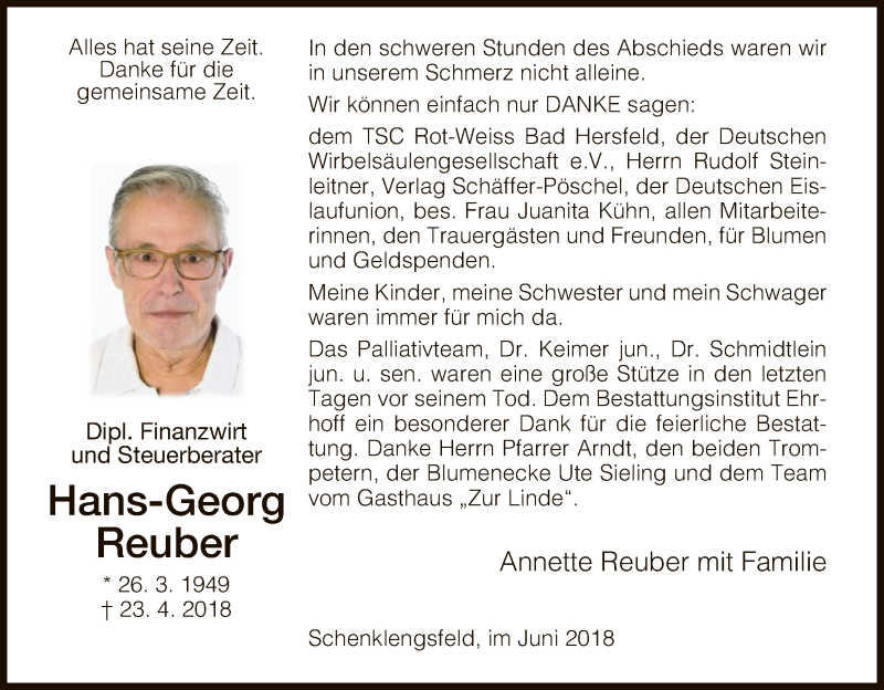  Traueranzeige für Hans-Georg Reuber vom 09.06.2018 aus Hersfeld