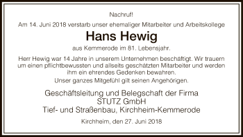 Traueranzeige von Hans Hewig von Hersfeld