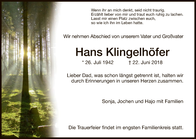  Traueranzeige für Hans Klingelhöfer vom 26.06.2018 aus Hersfeld