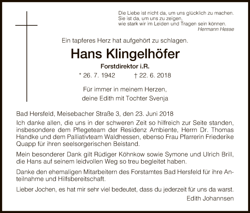  Traueranzeige für Hans Klingelhöfer vom 23.06.2018 aus Hersfeld